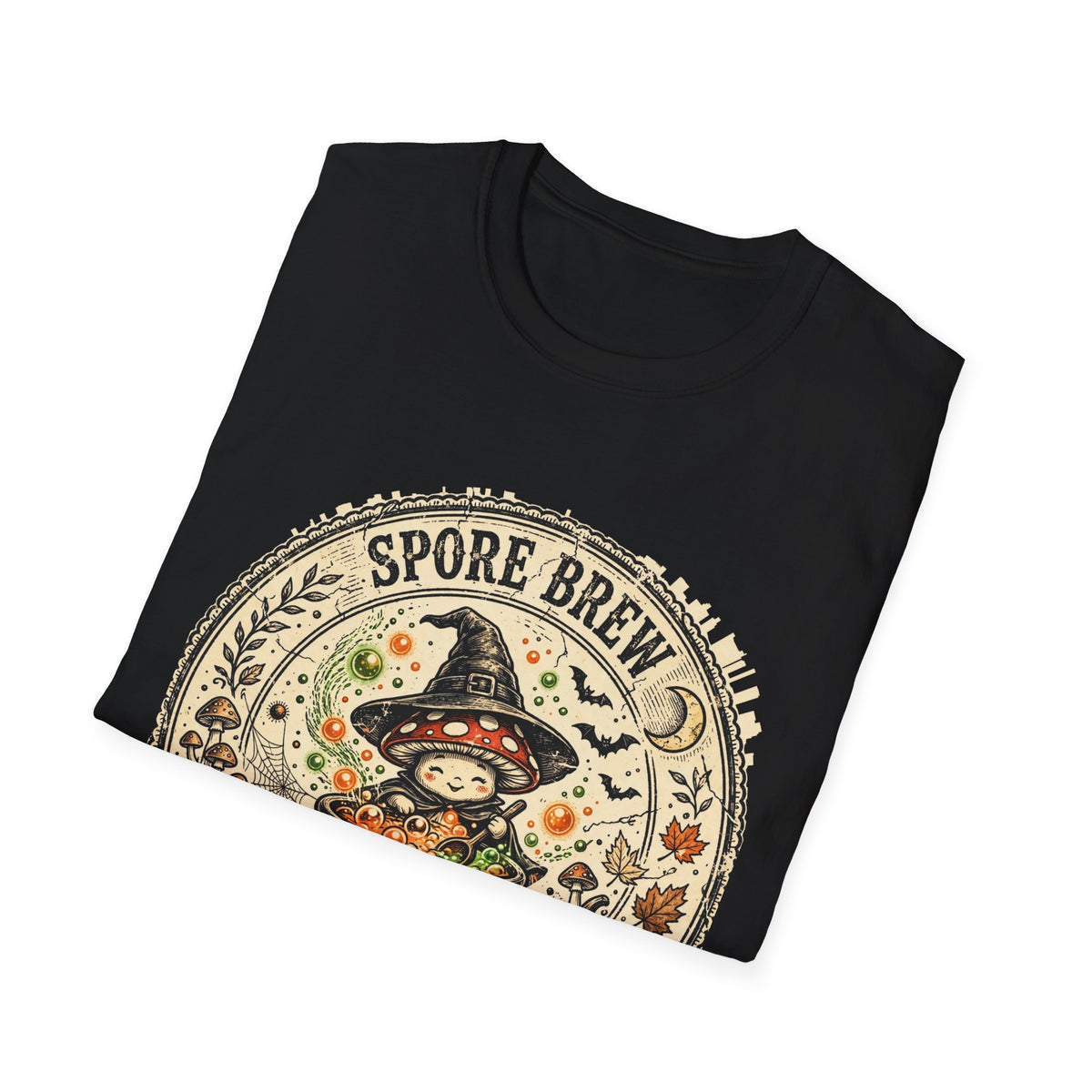 Spore Brew Mushroom Witch Cauldron Vintage Badge Halloween Tee
