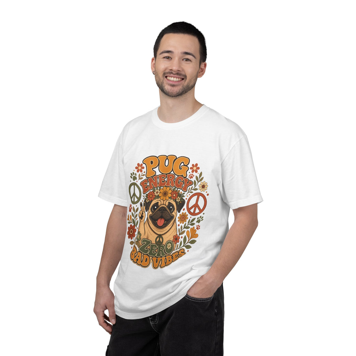 Pug Energy Retro Tee — Peace, Paws & Good Vibes
