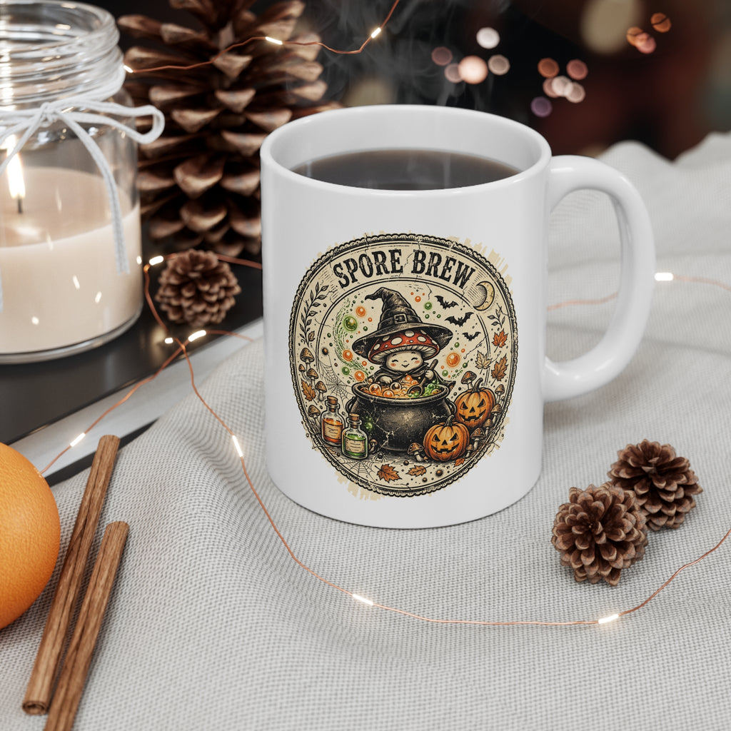Spore Brew Mushroom Witch Cauldron Vintage Badge Halloween Mug
