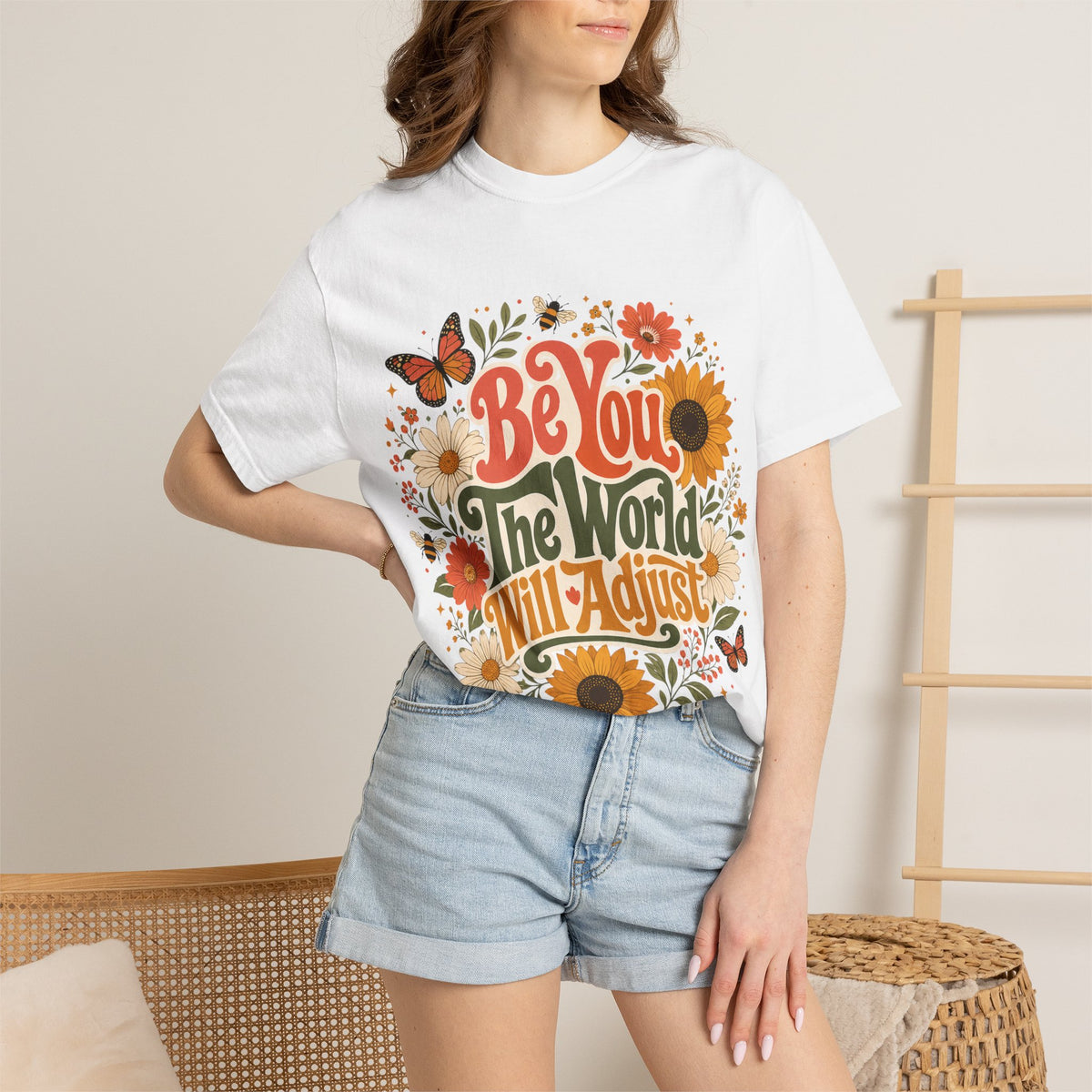 Be You Floral T-Shirt — 'Be You The World Will Adjust' Retro Sunflower Tee
