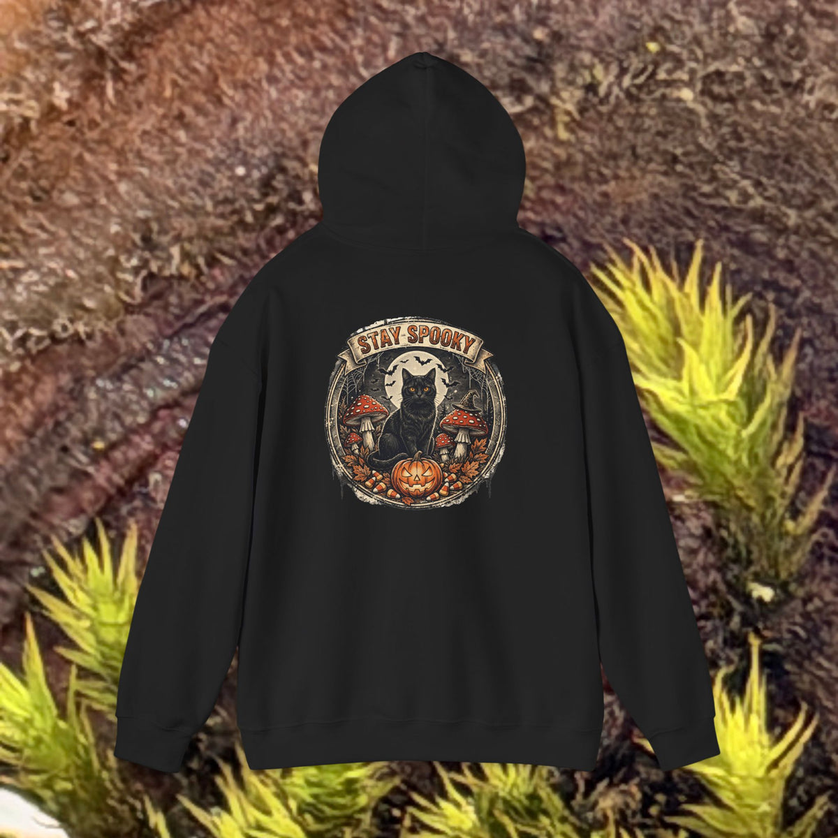 Stay Spooky - Black Cat Familiar Vintage Badge Halloween Hoodie