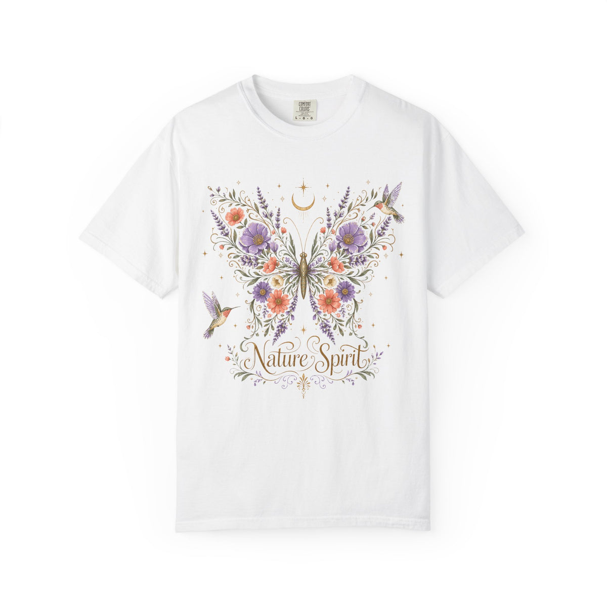 Nature Spirit T-Shirt — Floral Butterfly & Hummingbird Graphic
