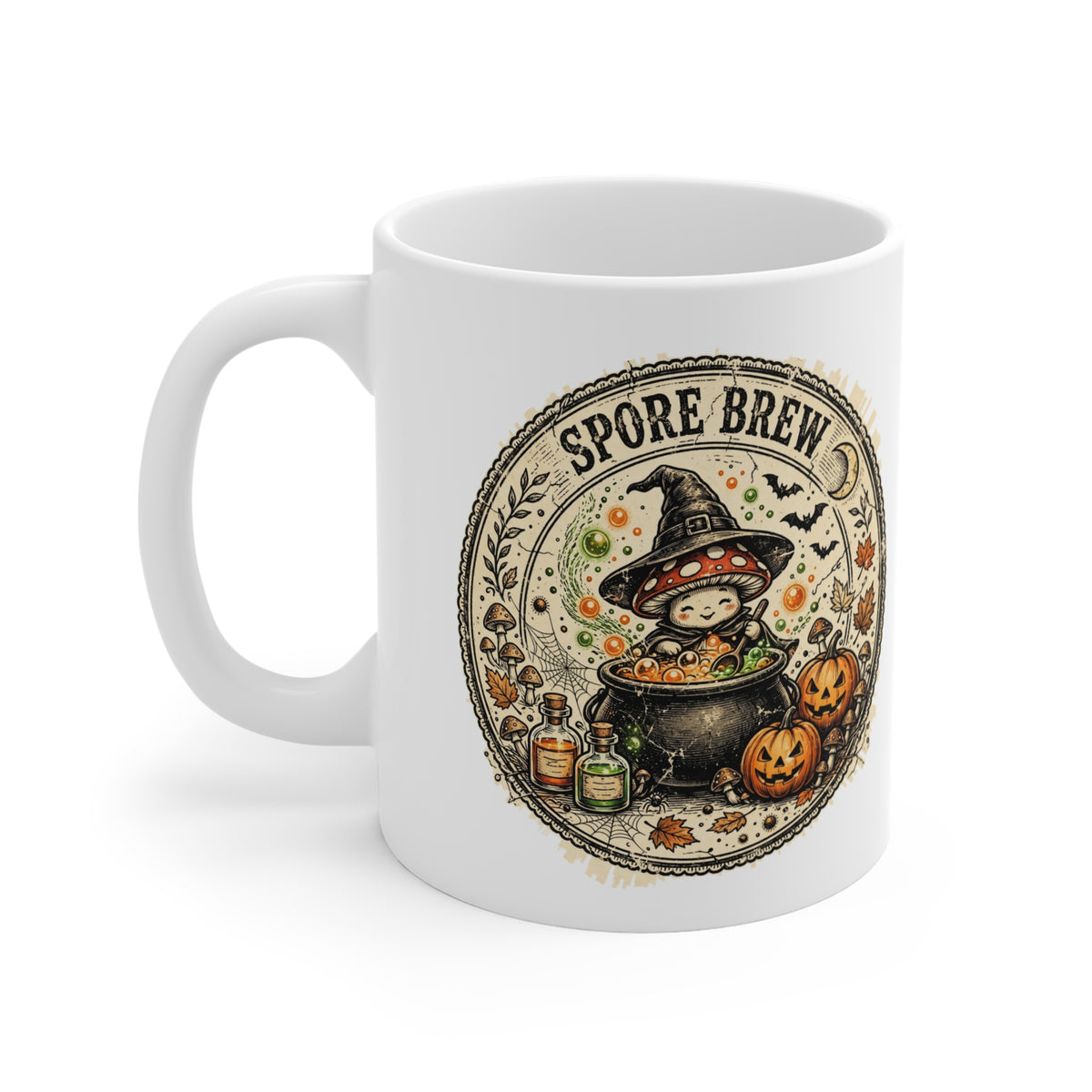 Spore Brew Mushroom Witch Cauldron Vintage Badge Halloween Mug