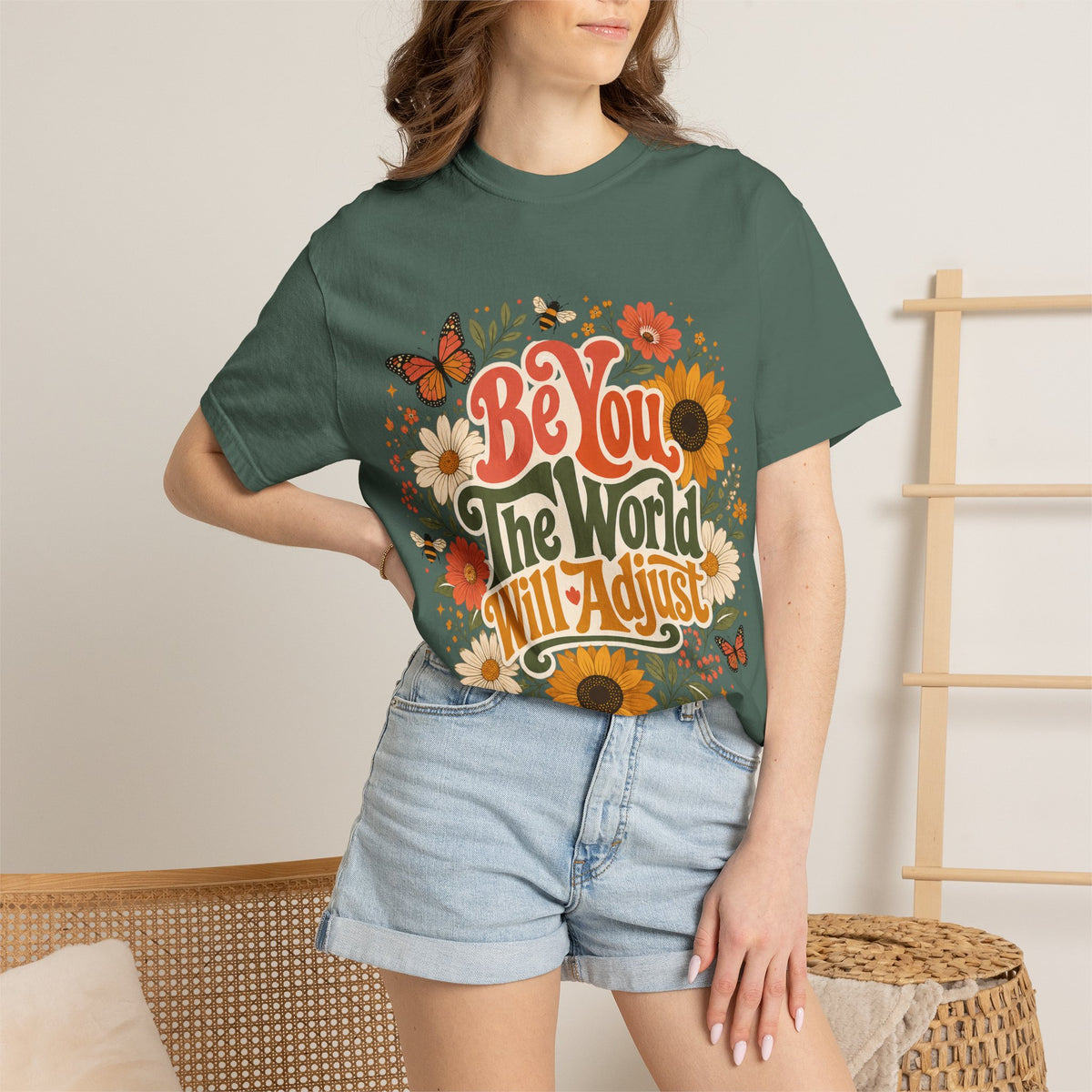 Be You Floral T-Shirt — 'Be You The World Will Adjust' Retro Sunflower Tee