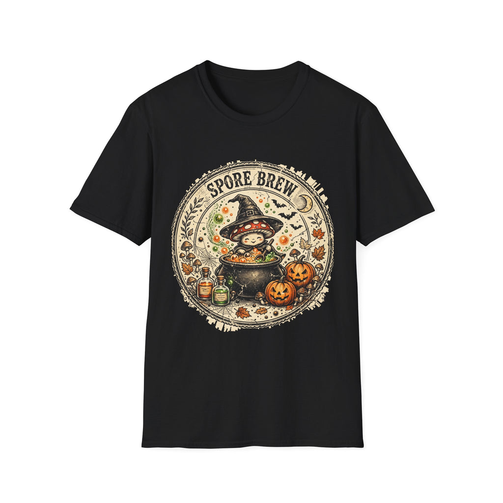 Spore Brew Mushroom Witch Cauldron Vintage Badge Halloween Tee