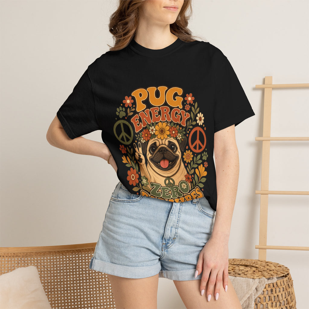 Pug Energy Retro Tee — Peace, Paws & Good Vibes