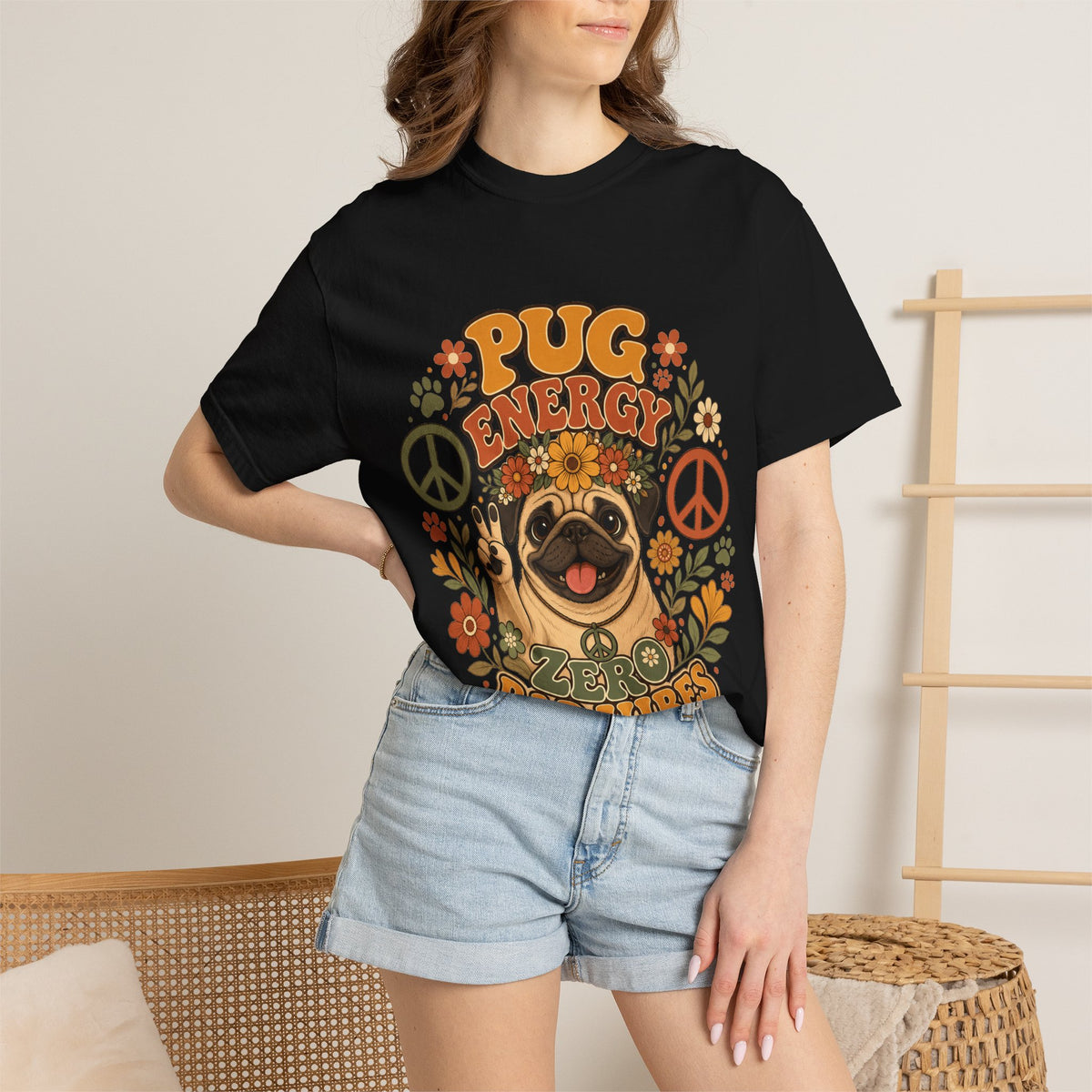 Pug Energy Retro Tee — Peace, Paws & Good Vibes