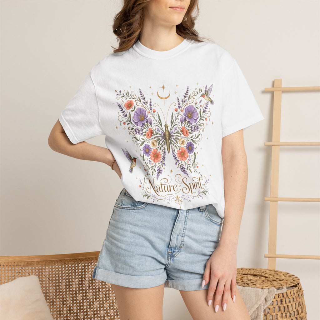 Nature Spirit T-Shirt — Floral Butterfly & Hummingbird Graphic