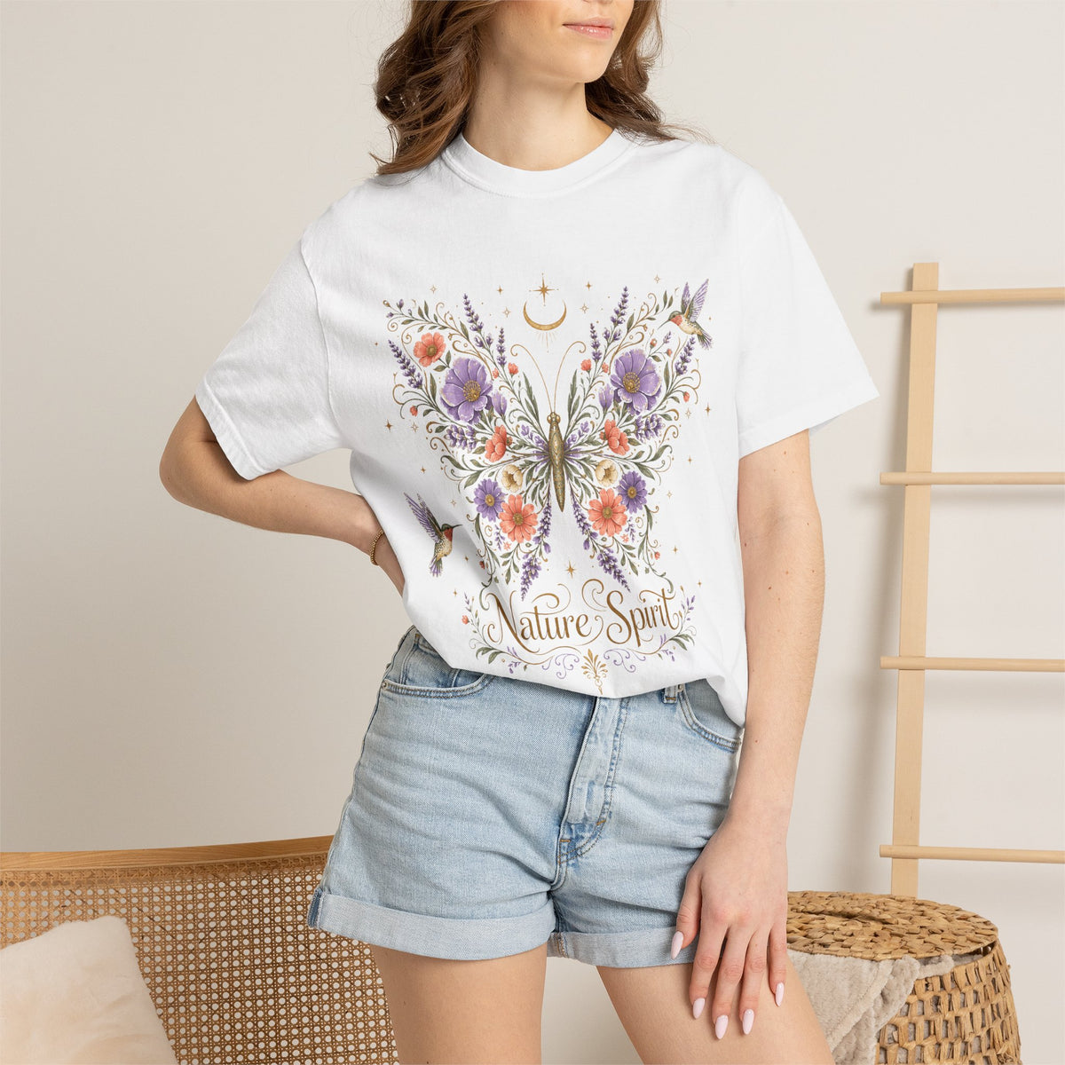 Nature Spirit T-Shirt — Floral Butterfly & Hummingbird Graphic