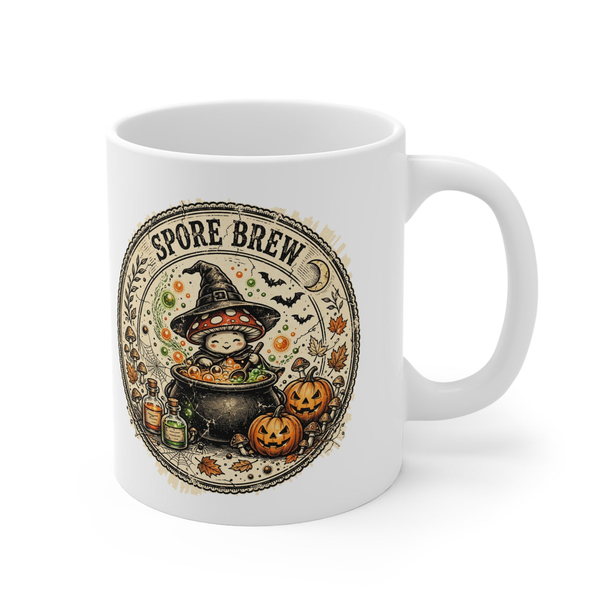 Spore Brew Mushroom Witch Cauldron Vintage Badge Halloween Mug