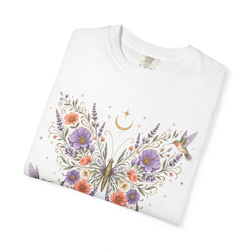 Nature Spirit T-Shirt — Floral Butterfly & Hummingbird Graphic