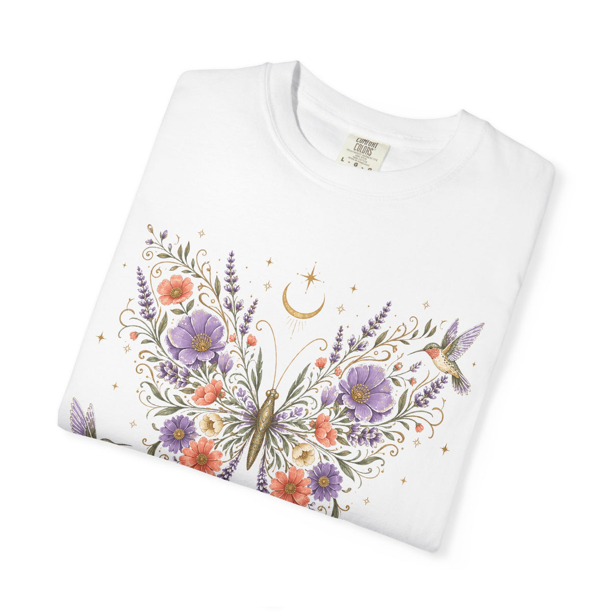 Nature Spirit T-Shirt — Floral Butterfly & Hummingbird Graphic