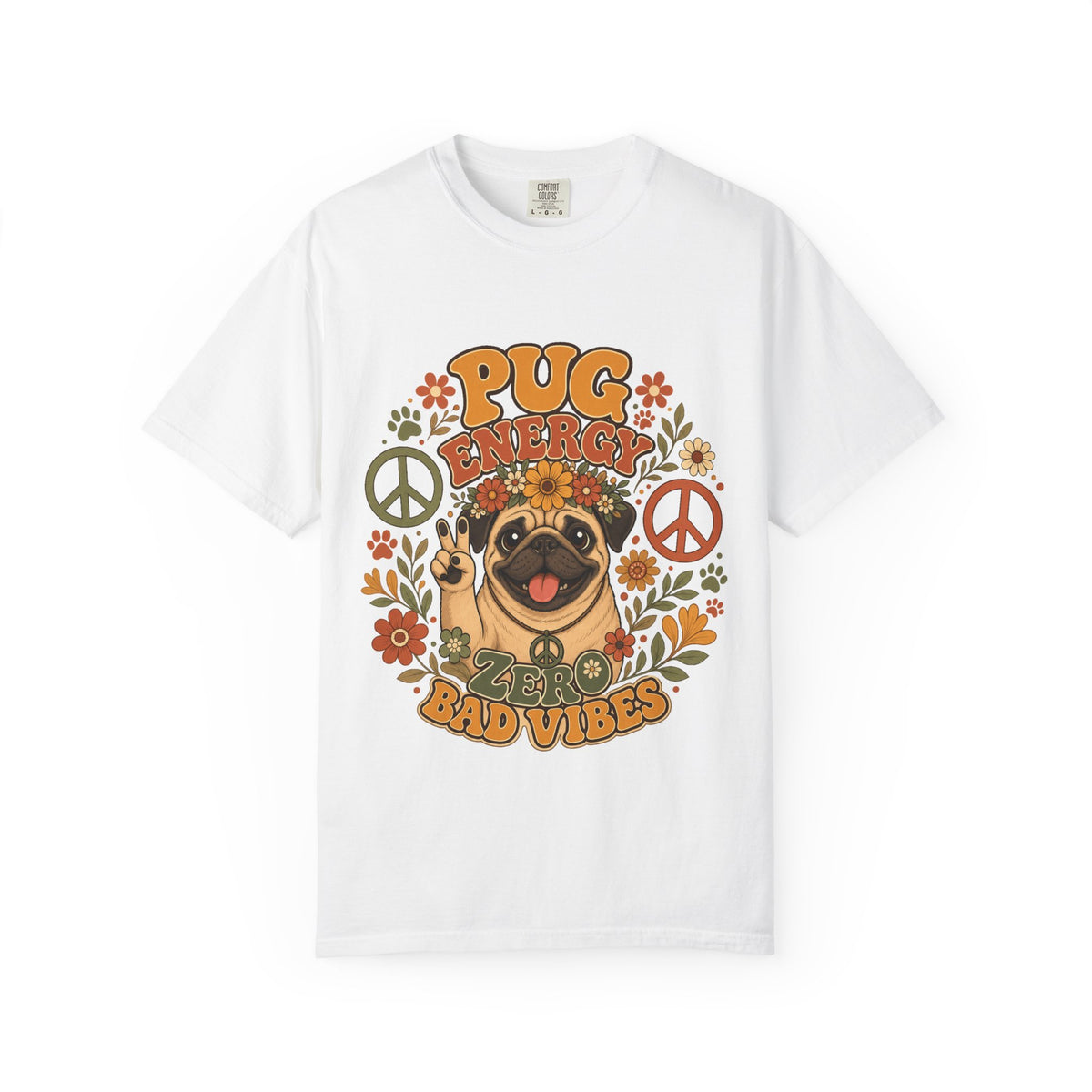 Pug Energy Retro Tee — Peace, Paws & Good Vibes