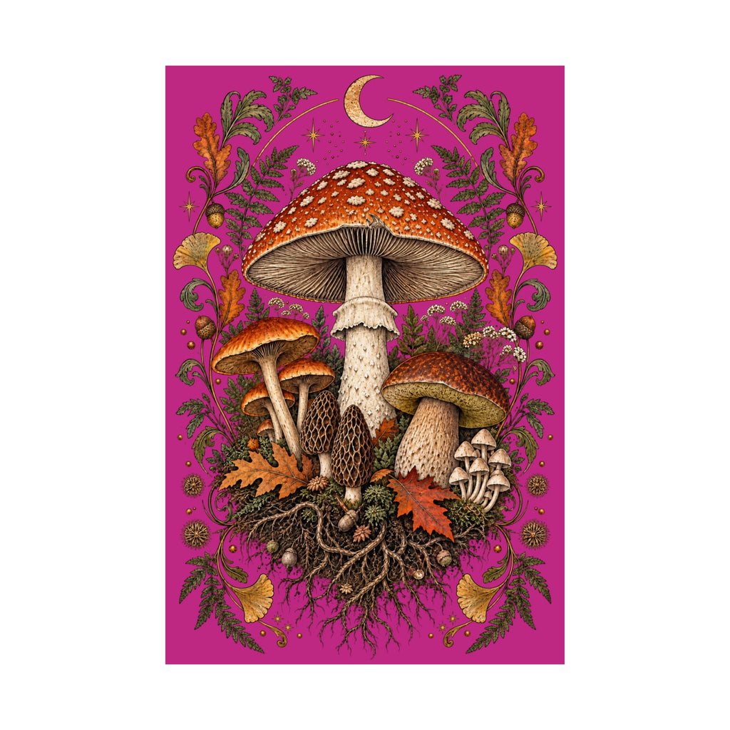 Gathered After Dark Mushroom Field Guide Poster - Pink Background