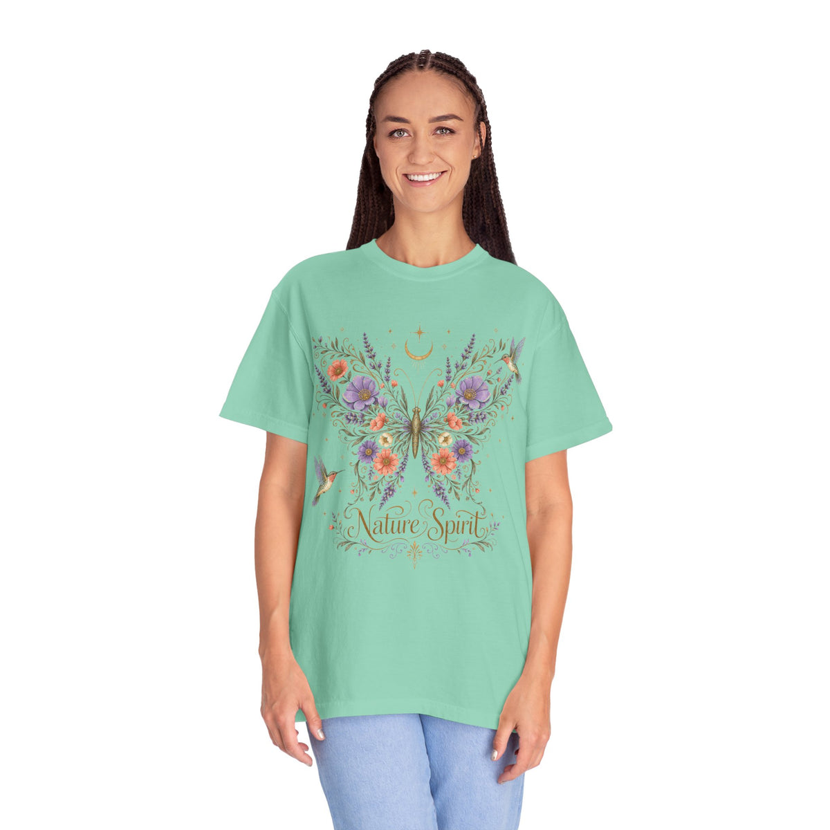 Nature Spirit T-Shirt — Floral Butterfly & Hummingbird Graphic