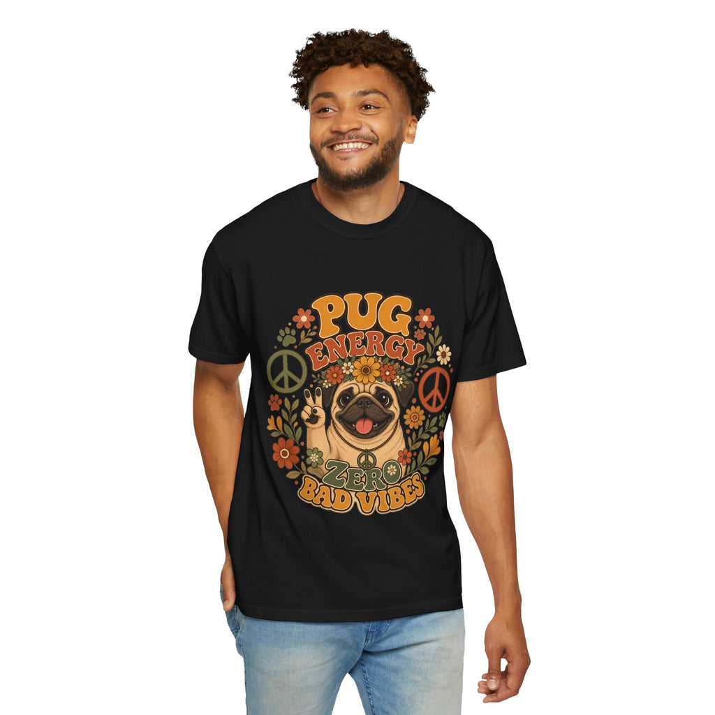 Pug Energy Retro Tee — Peace, Paws & Good Vibes