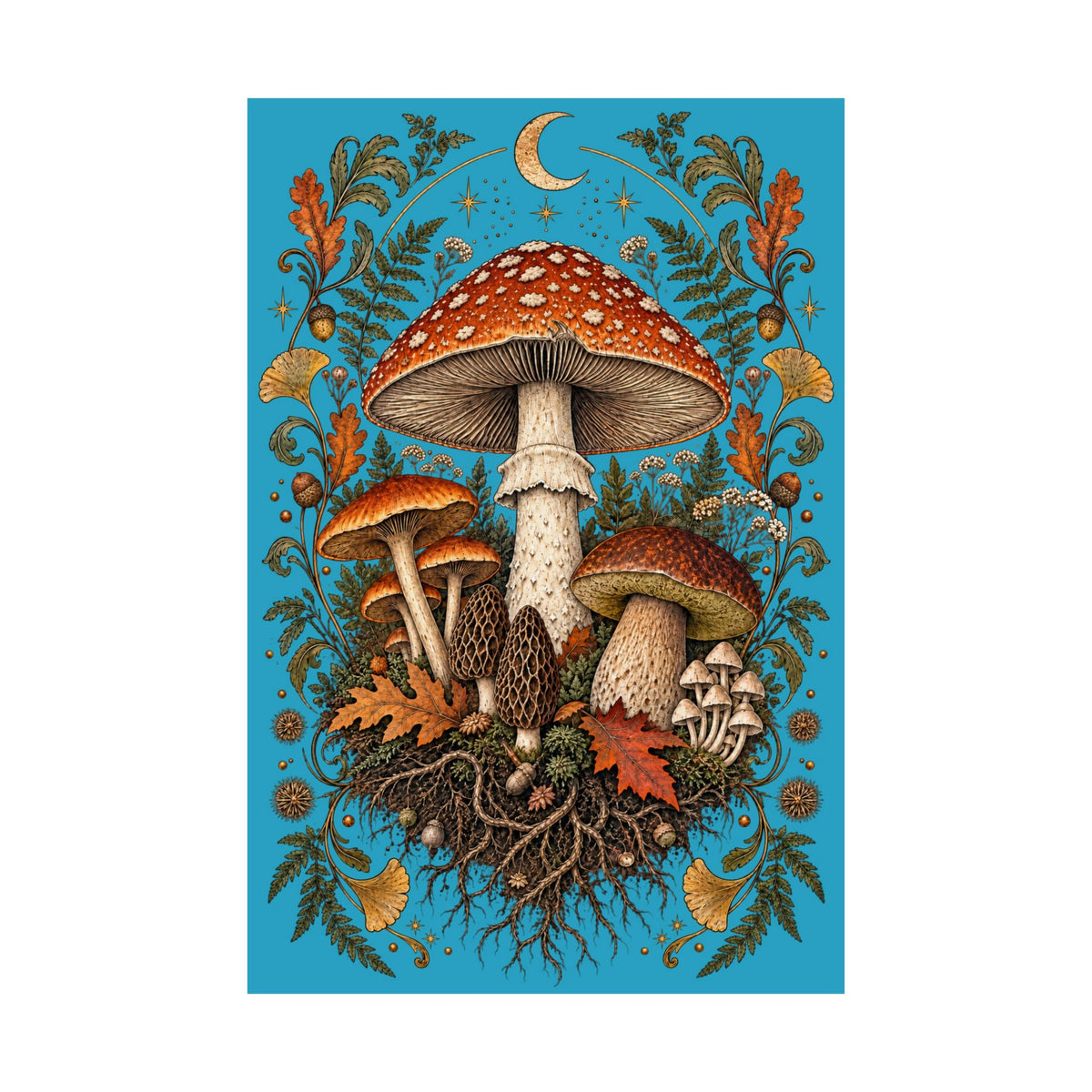 Gathered After Dark Mushroom Field Guide Poster - Turquoise Background