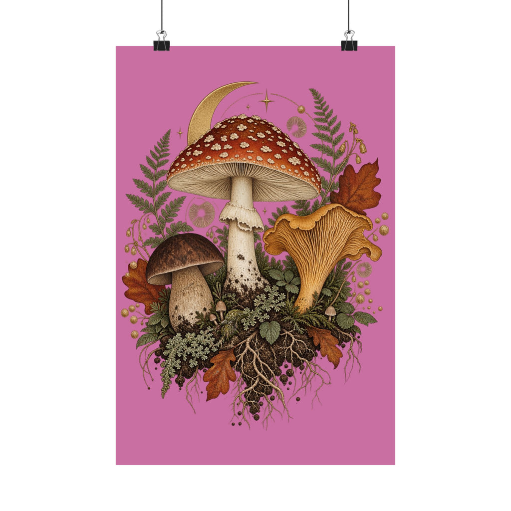 Gathered After Dark Mushroom Field Guide Poster - Pink