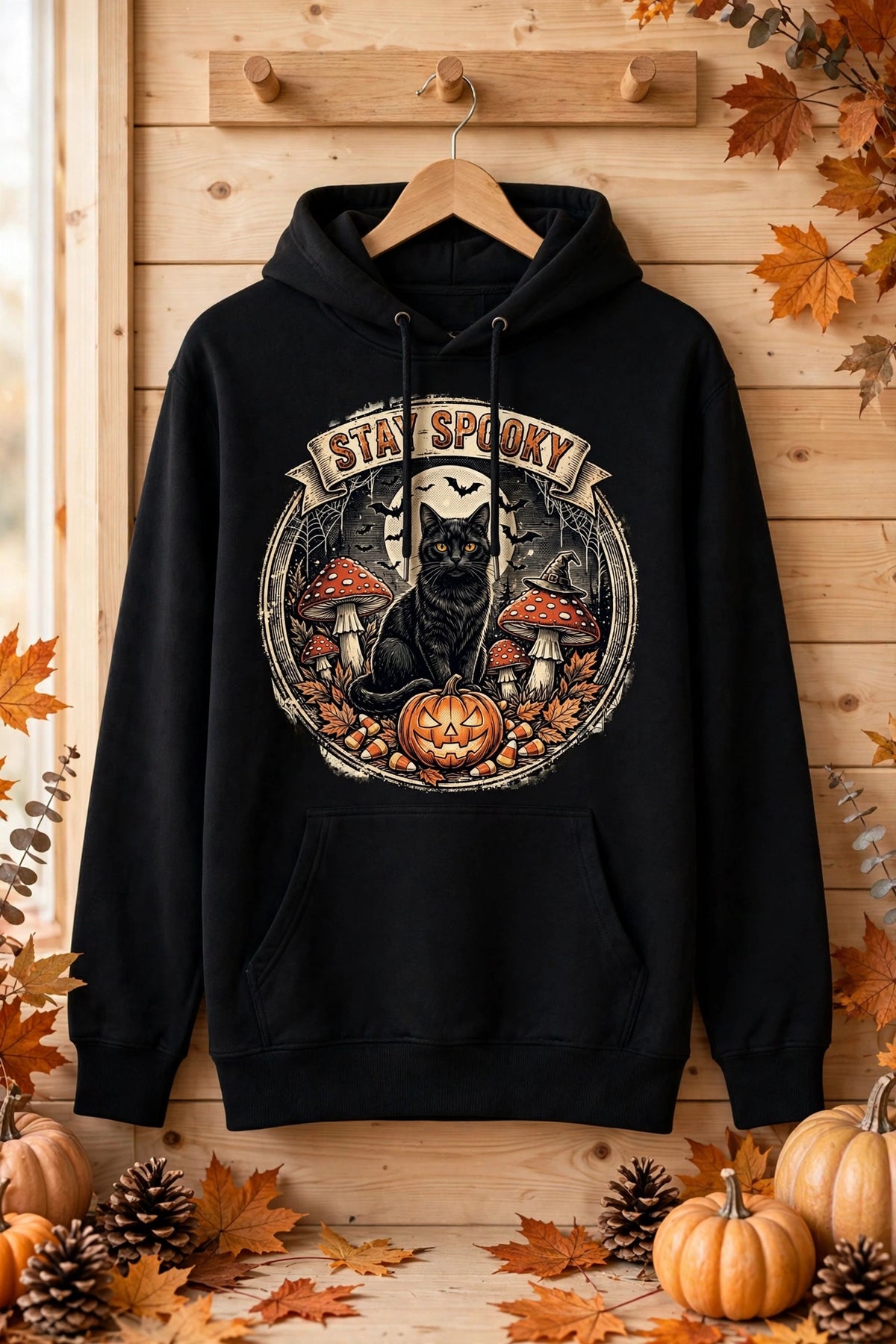 Stay Spooky black hoodie in bright autumn setting