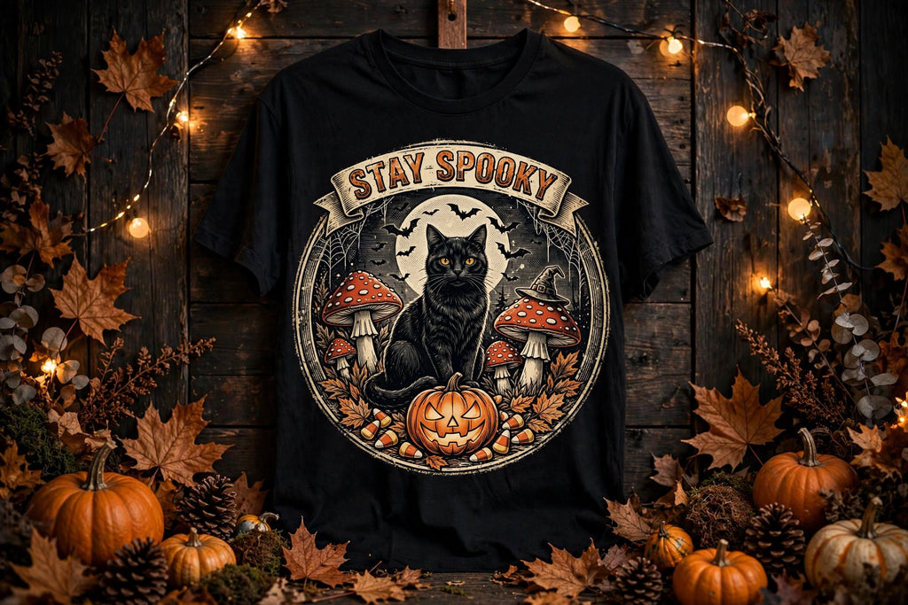 Stay Spooky black tee in moody autumn setting
