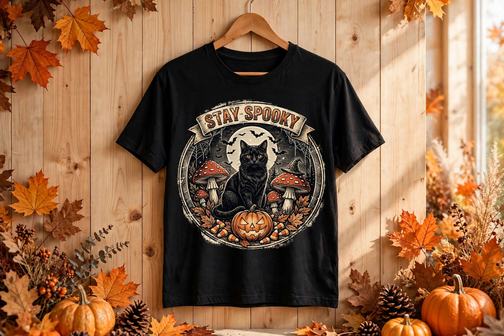 Stay Spooky black tee in bright autumn setting