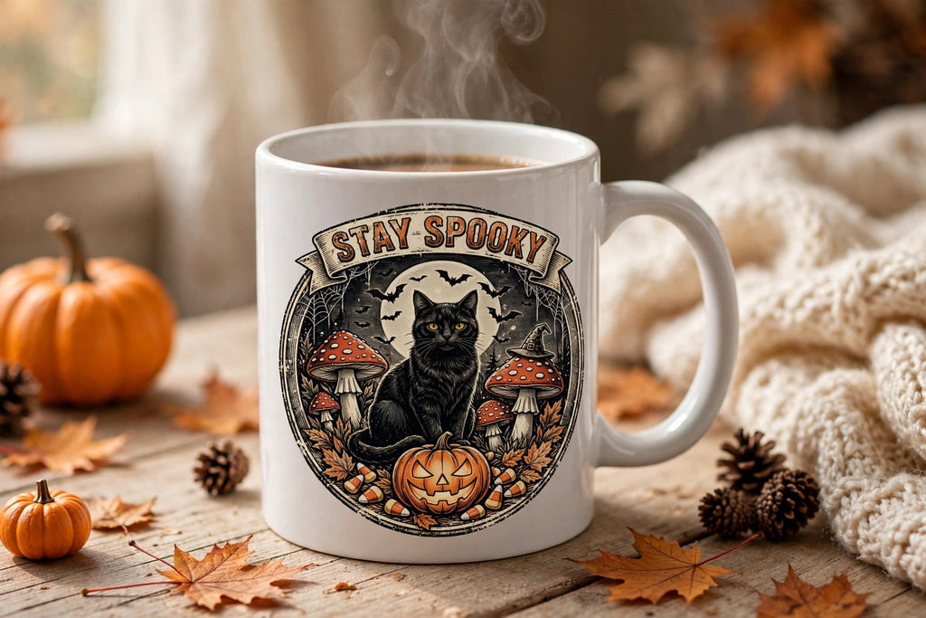 Stay Spooky mug in cozy autumn setting