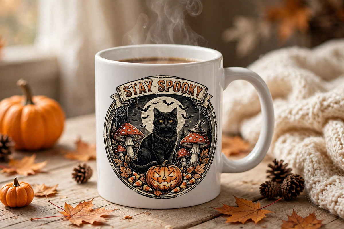 Stay Spooky mug in cozy autumn setting