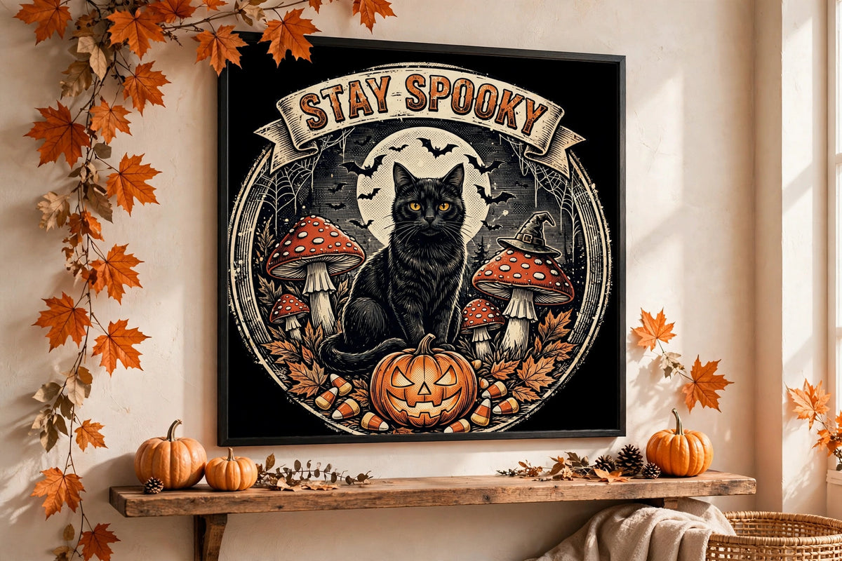 Stay Spooky poster framed in autumn room