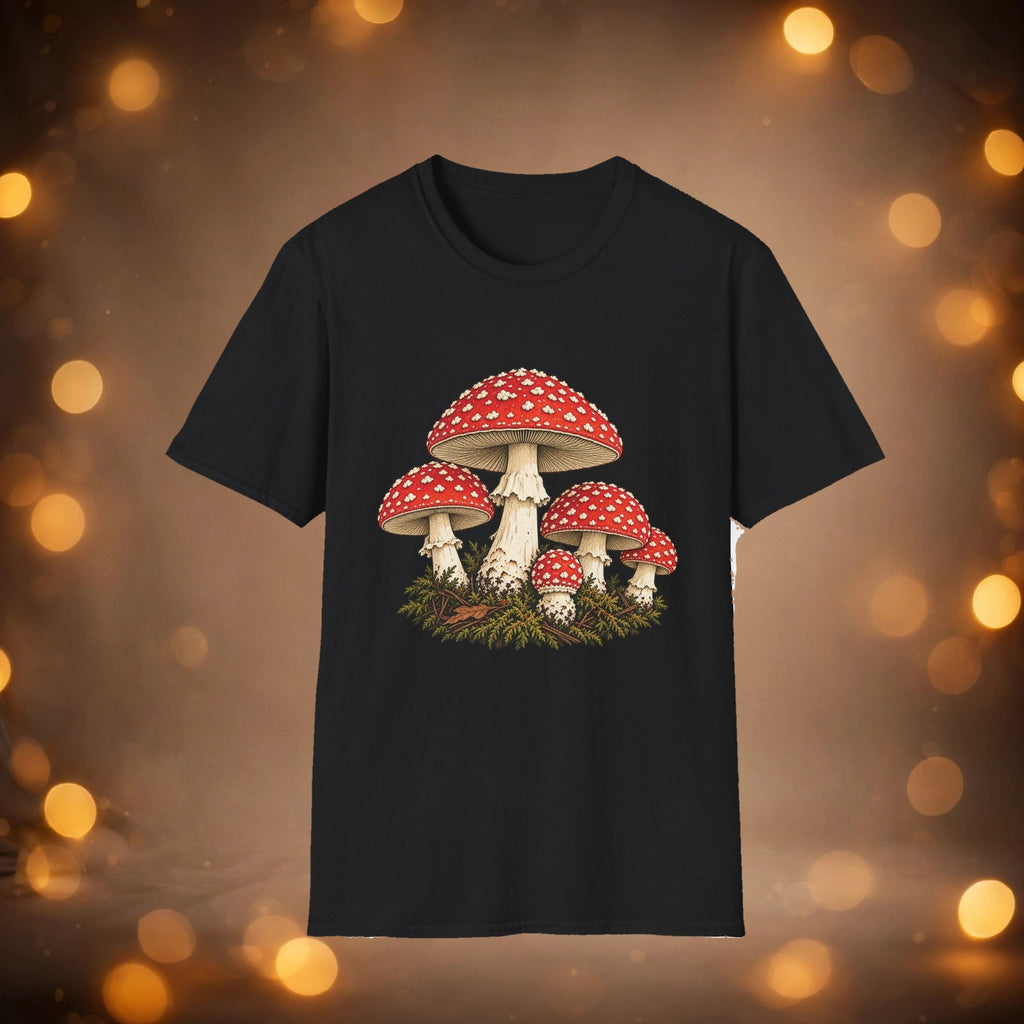 Amanita Muscaria tee on warm taupe-caramel background