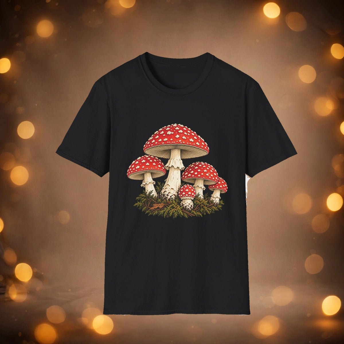 Amanita Muscaria tee on warm taupe-caramel background