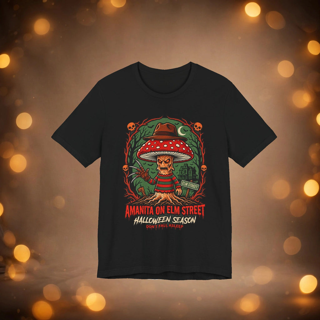 Amanita on Elm Street tee on warm autumn background
