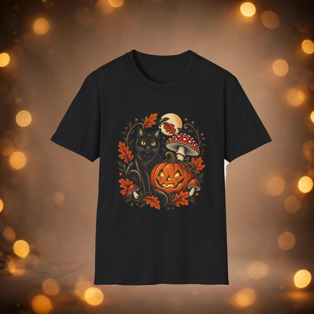Festive Pumpkin Cat and Amanita tee on warm autumn background