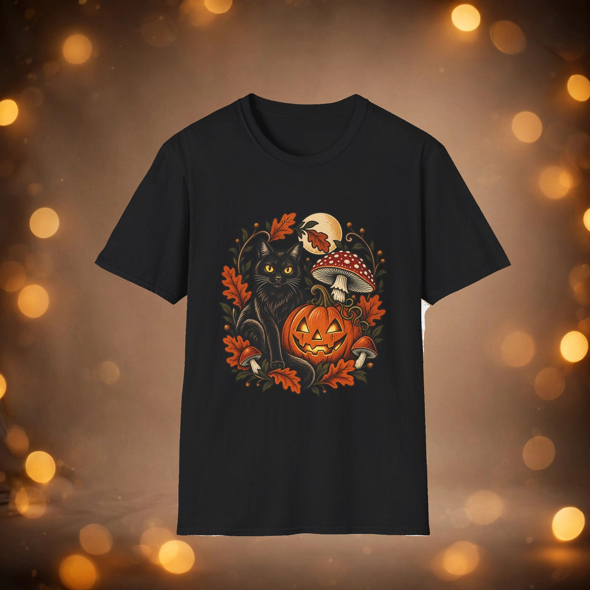 Festive Pumpkin Cat and Amanita tee on warm autumn background