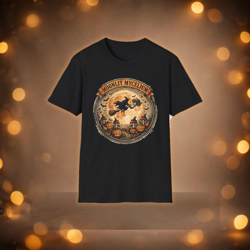 Moonlit Mycelium tee on warm autumn background
