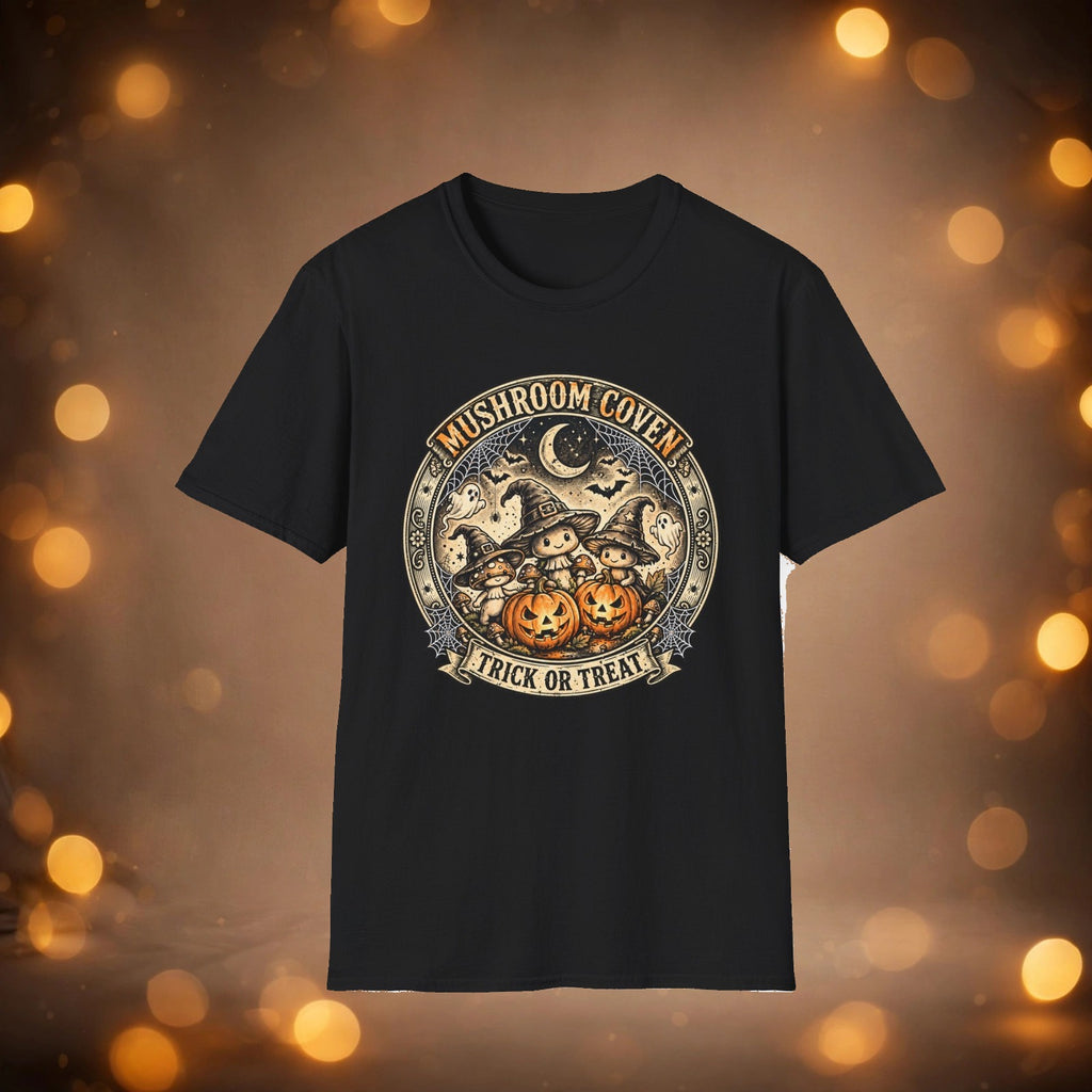 Mushroom Coven tee on warm autumn background