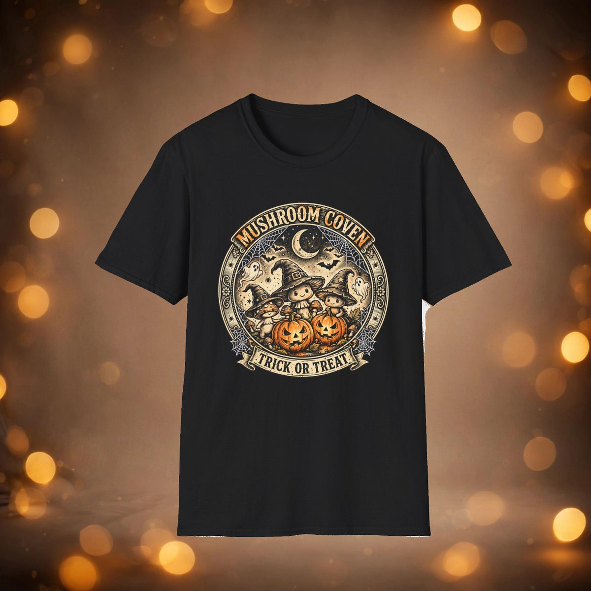 Mushroom Coven tee on warm autumn background