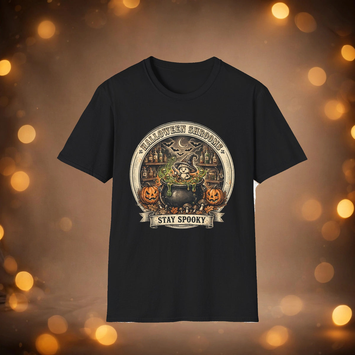 Halloween Shrooms tee on warm autumn background