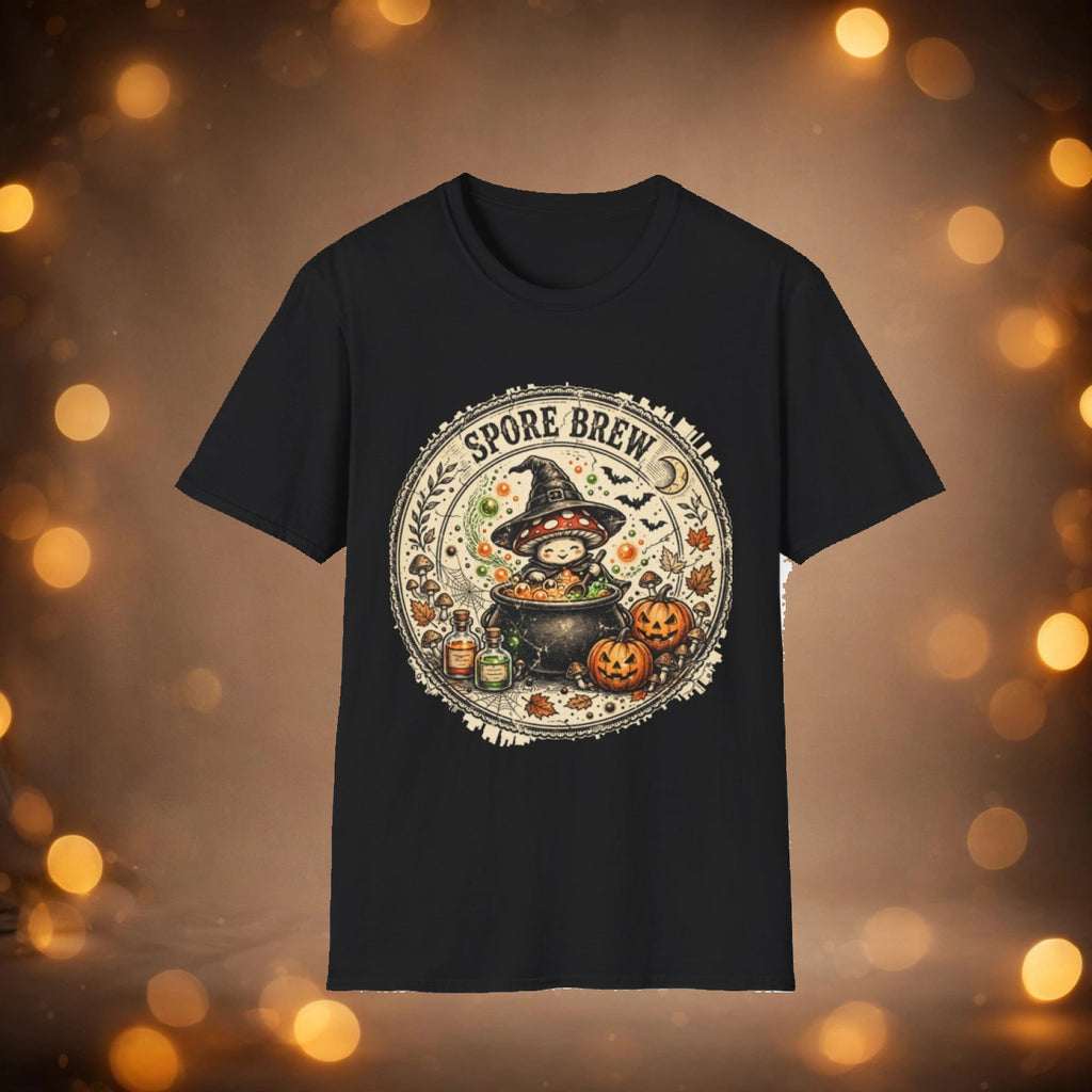 Spore Brew Mushroom Witch Cauldron Vintage Badge Halloween Tee