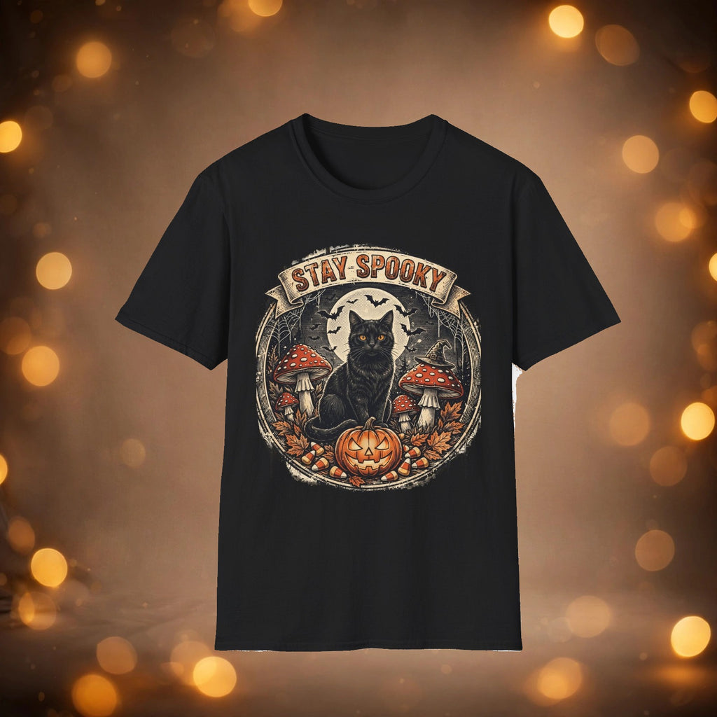 Stay Spooky black cat tee on warm autumn background